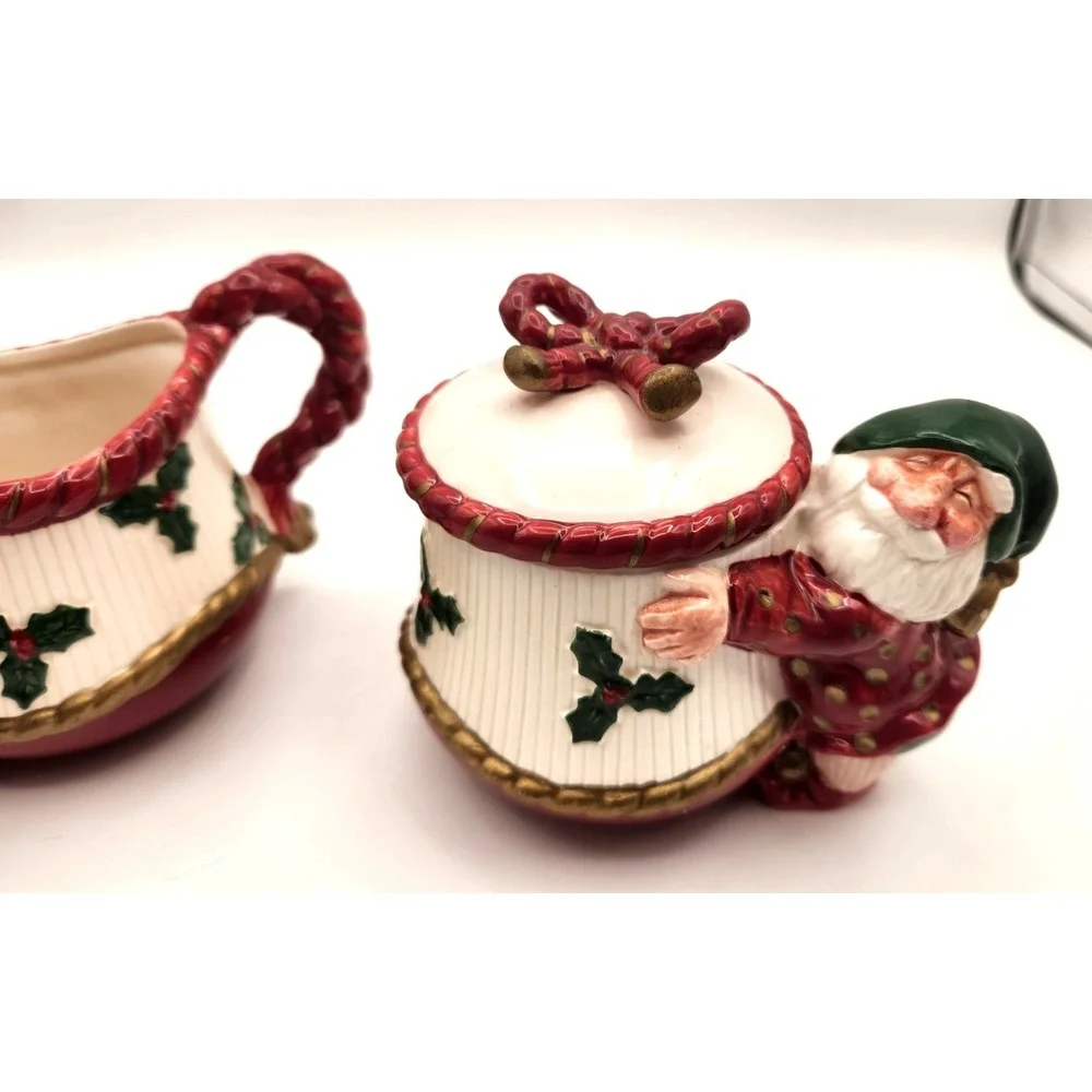Fitz & Floyd Old World Christmas Elves Sugar Bowl & Creamer 1989 Santa Ceramic